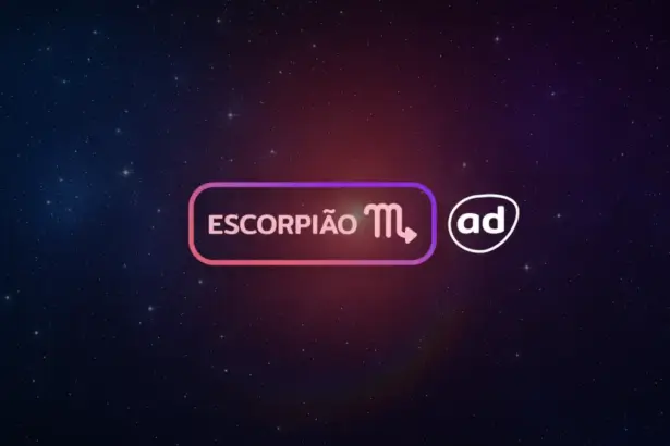 Arte com o logo do signo de Escorpião para o Horóscopo do dia
