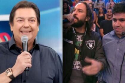 Faustão, produtor Renato e Gabriel o Pensador em uma montagem no Domingão
