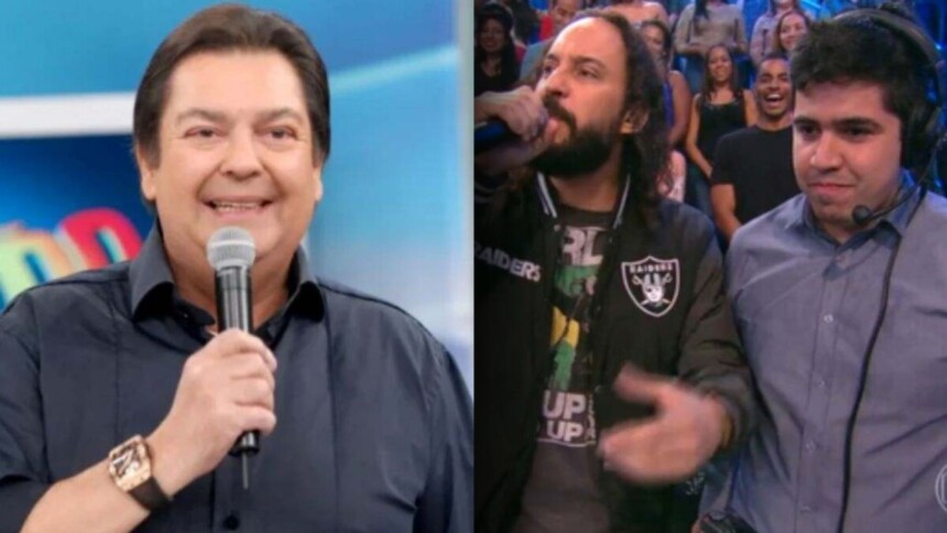 Faustão, produtor Renato e Gabriel o Pensador em uma montagem no Domingão