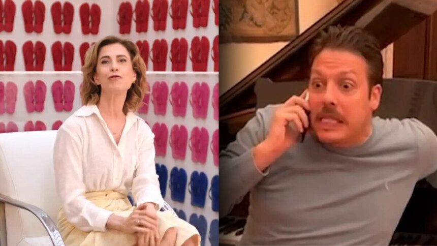 Fernanda Torres no comercial ao lado de várias havaianas divide tela com Fábio Porchat com semblante assustado