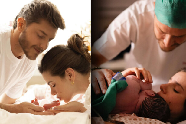 Camila Queiroz beija o pé de sua filha Clara, dividindo tela ocm Klebber Toledo olhando para a bebê