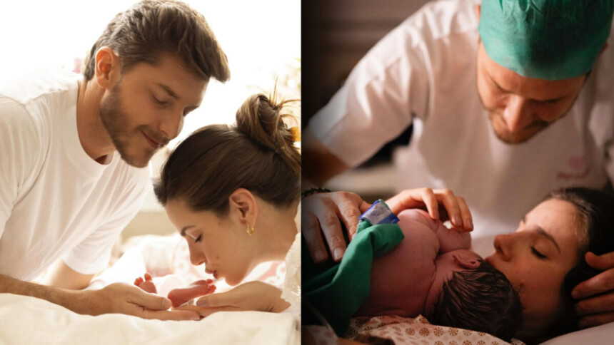 Camila Queiroz beija o pé de sua filha Clara, dividindo tela ocm Klebber Toledo olhando para a bebê