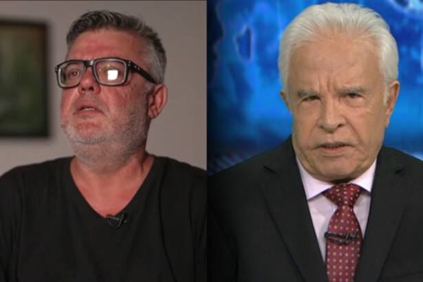 Filho de Cid Moreria sentado de camisa preta em entrevista ao Domingo Espetacular, divide tela com Cid Moreira apresentando o Jornal Nacional