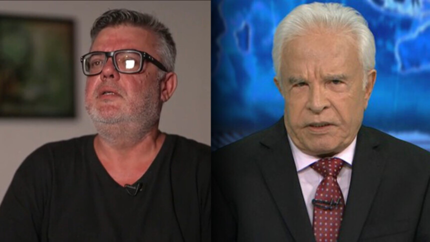Filho de Cid Moreria sentado de camisa preta em entrevista ao Domingo Espetacular, divide tela com Cid Moreira apresentando o Jornal Nacional