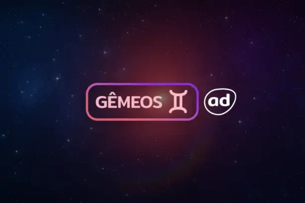Arte com o logo do signo de Gêmeos para o Horóscopo do dia