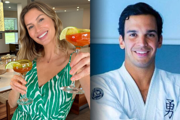 Gisele Bündchen segura drinks e sorrir em sua residência dividindo tela com Joaquim Valente com roupa de jiu-jitsu