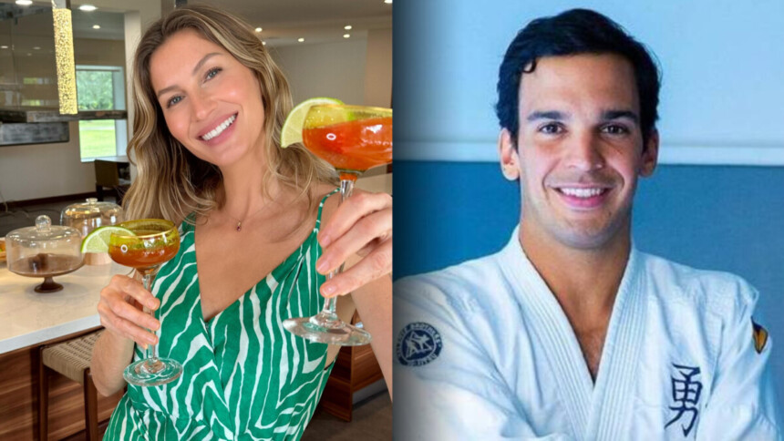 Gisele Bündchen segura drinks e sorrir em sua residência dividindo tela com Joaquim Valente com roupa de jiu-jitsu