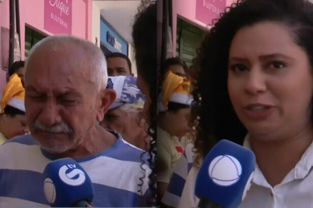 Homem em situação de rua chora no microfone da RECORD, dividindo tela com a repórter Renata Araújo que também segura o microfone e está chorando
