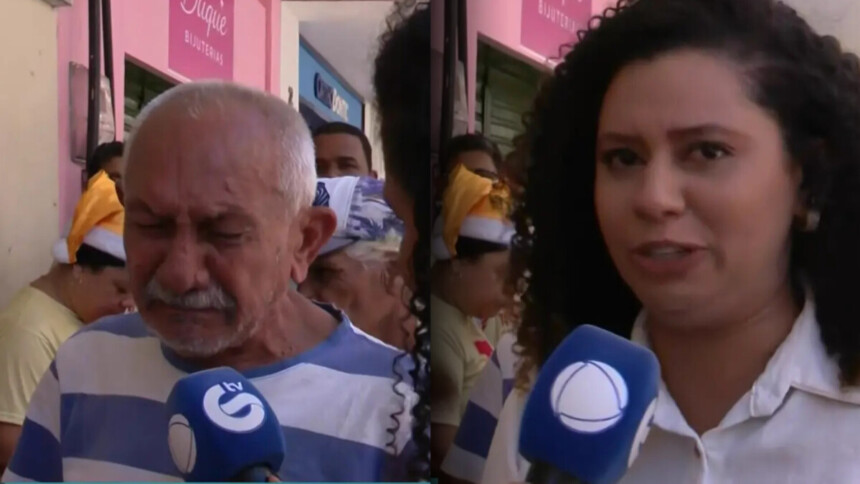 Homem em situação de rua chora no microfone da RECORD, dividindo tela com a repórter Renata Araújo que também segura o microfone e está chorando