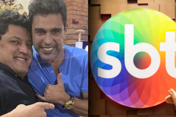 Irmão de Zezé Di Camargo abraçado ao cantor dividindo tela com montagem do logo do SBT