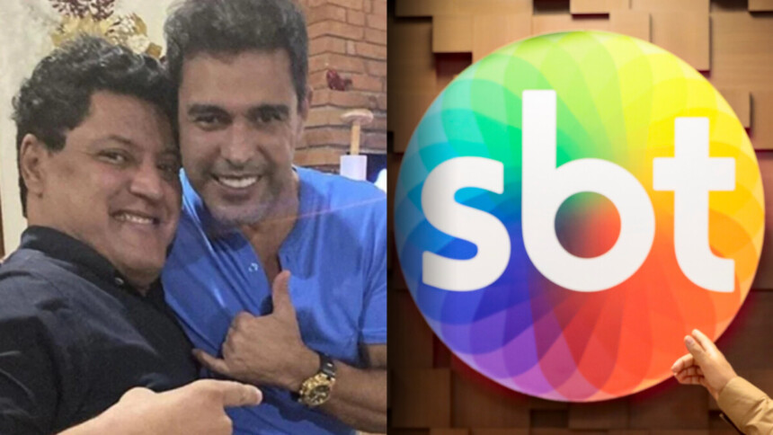 Irmão de Zezé Di Camargo abraçado ao cantor dividindo tela com montagem do logo do SBT