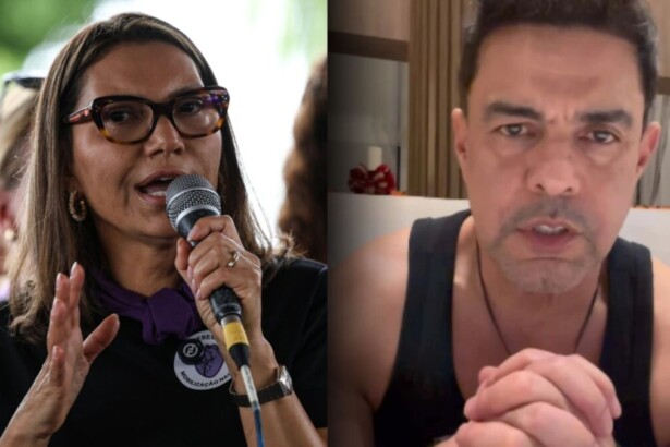 Montagem de Janja (Primeira Dama) falando ao microfone em evento e o cantor Zezé Di Camargo em vídeo, com expressão séria