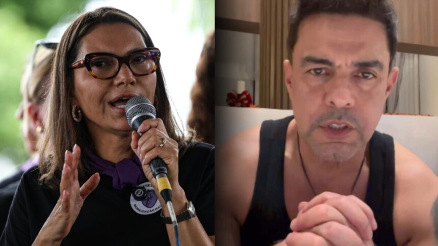 Montagem de Janja (Primeira Dama) falando ao microfone em evento e o cantor Zezé Di Camargo em vídeo, com expressão séria