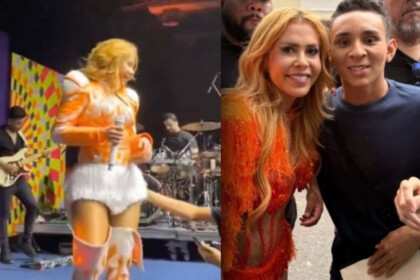 Joelma sendo tocada pelo fã e ao lado do rapaz em cena que viralizou