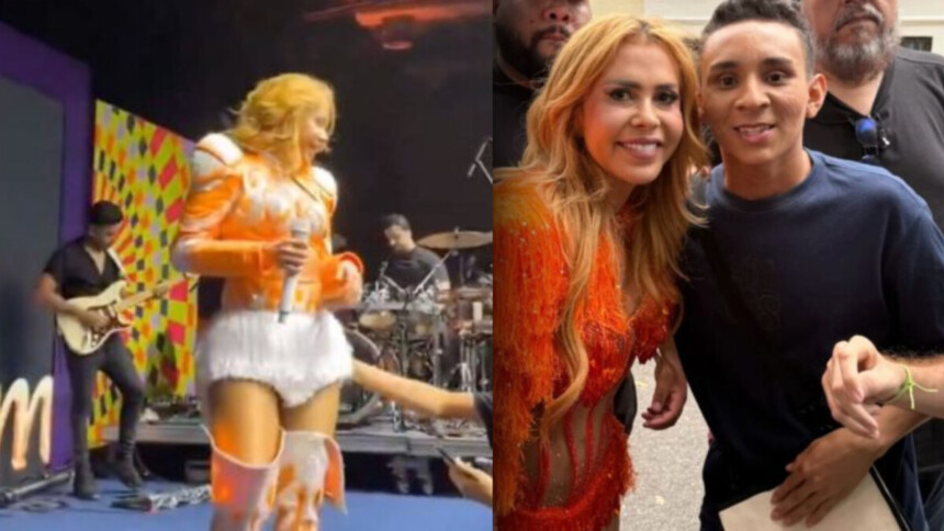 Joelma sendo tocada pelo fã e ao lado do rapaz em cena que viralizou
