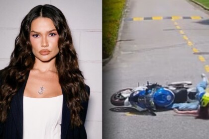Juliettte em foto posada, montagem com ela na queda da moto de luxo