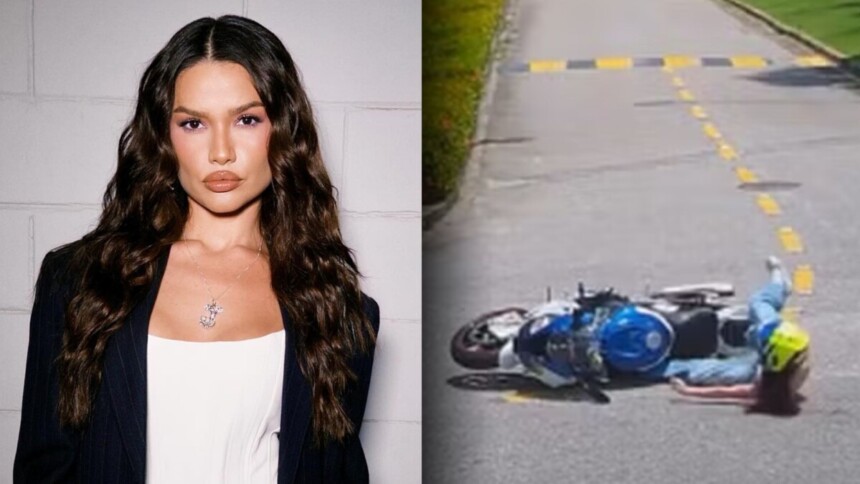 Juliettte em foto posada, montagem com ela na queda da moto de luxo