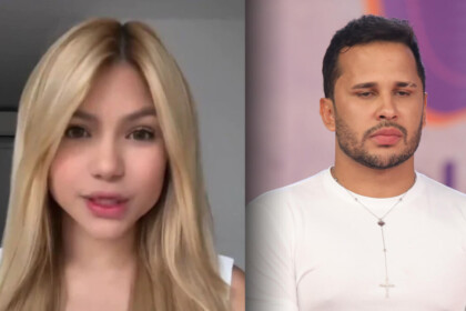 Karla Lessa de vestido branco emocionada em vídeo caseiro, dividindo tela com Lucas Guimarães no SBT
