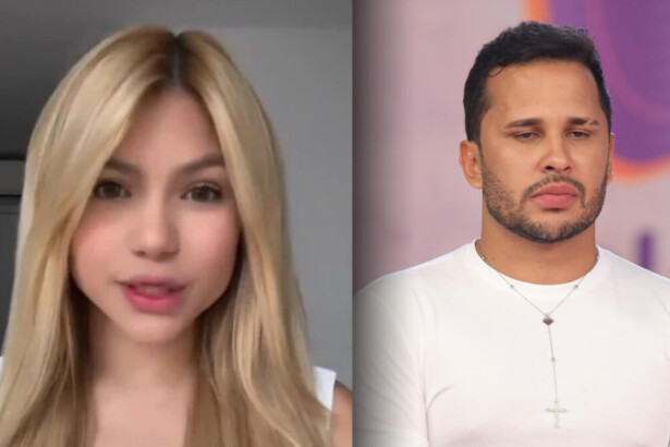 Karla Lessa de vestido branco emocionada em vídeo caseiro, dividindo tela com Lucas Guimarães no SBT