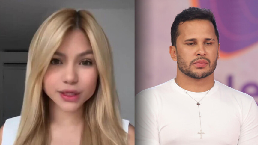 Karla Lessa de vestido branco emocionada em vídeo caseiro, dividindo tela com Lucas Guimarães no SBT