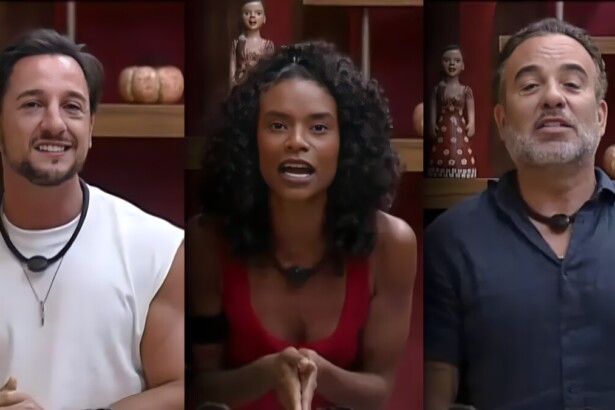 Mesquita, Kathy e Fabiano no canto da sala de A Fazenda 17 pedindo votos para ficarem na penúltima Roça da temporada