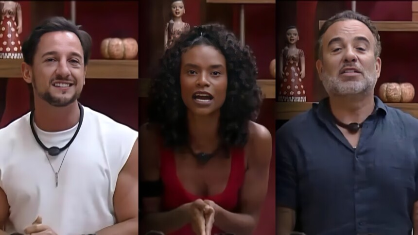 Mesquita, Kathy e Fabiano no canto da sala de A Fazenda 17 pedindo votos para ficarem na penúltima Roça da temporada