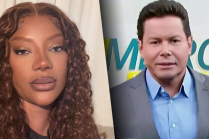 Ludmilla divide tela com Marcão do Povo em montagem sobre o caso. A cantora aparece com semblante sério criticando o apresentador do SBt que está no estúdio do SBT