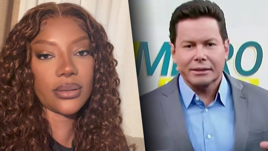 Ludmilla divide tela com Marcão do Povo em montagem sobre o caso. A cantora aparece com semblante sério criticando o apresentador do SBt que está no estúdio do SBT
