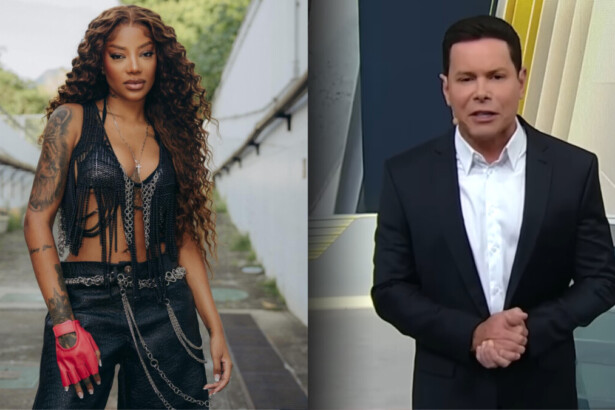 Ludmilla em montagem dividindo tela com MArcão do Povo no estúdio do Primeiro Impacto