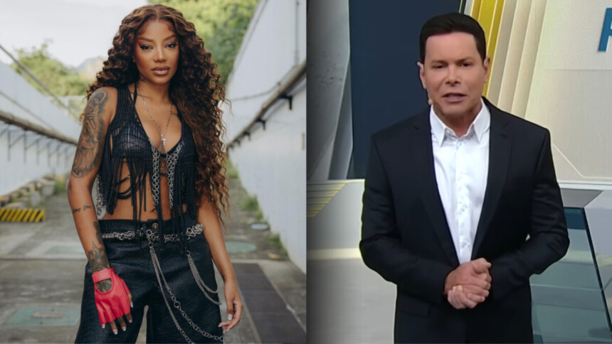 Ludmilla em montagem dividindo tela com MArcão do Povo no estúdio do Primeiro Impacto