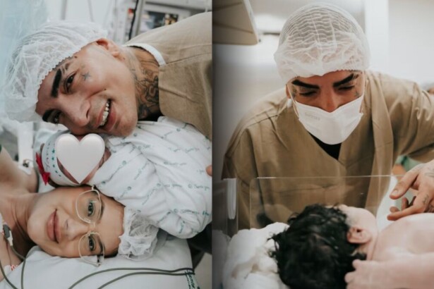 MC Guimê e Fernanda Stroschein em momentos ternos com a bebê recém-nascida, logo após o parto, em sala hospitalar