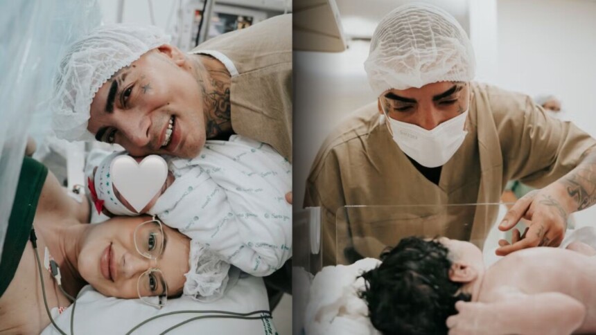 MC Guimê e Fernanda Stroschein em momentos ternos com a bebê recém-nascida, logo após o parto, em sala hospitalar
