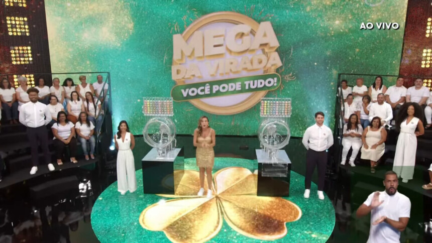 Cenário da Mega da Virada nas cores verde e dourado