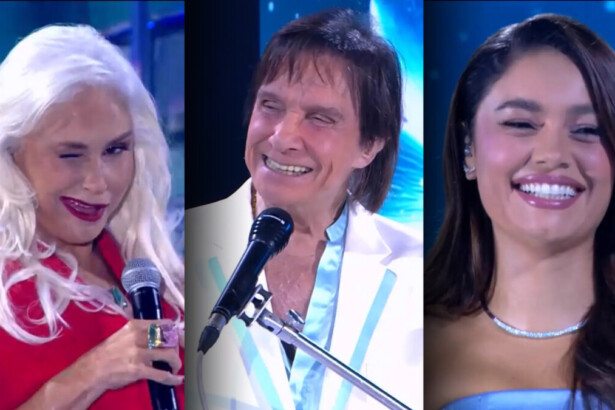 Fafá de Belém de vestido vermelho ao lado de Roberto Carlos e Sophie Charlotte no palco do Especial