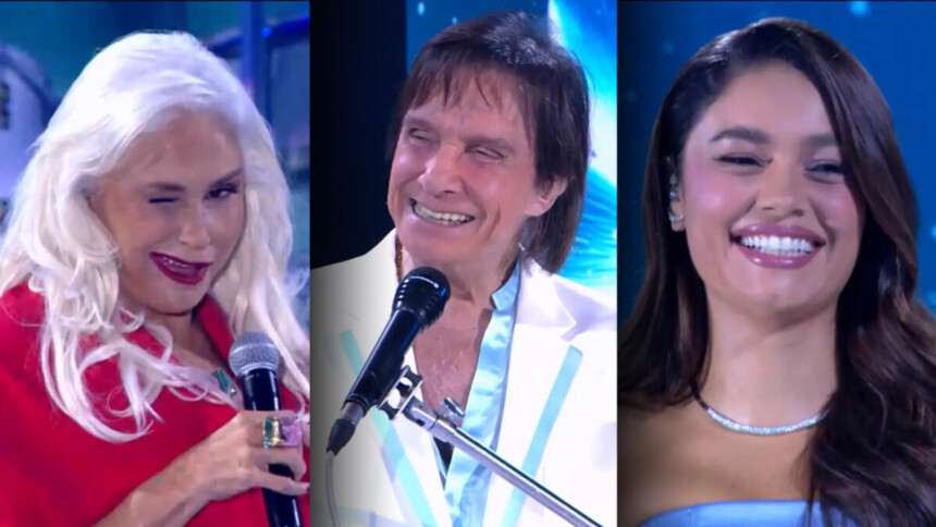 Fafá de Belém de vestido vermelho ao lado de Roberto Carlos e Sophie Charlotte no palco do Especial