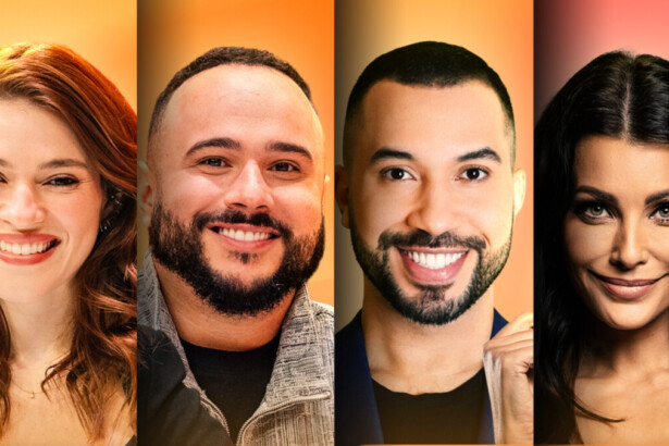 Montagem com o rosto de Ana Clara, Ed Gama, Gildo Vigor e Ceci Ribeiro com o fundo das cores do BBB 26