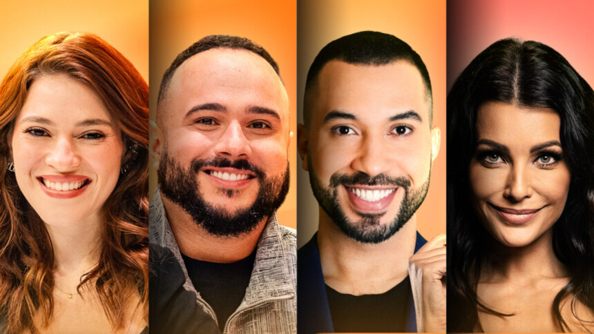 Montagem com o rosto de Ana Clara, Ed Gama, Gildo Vigor e Ceci Ribeiro com o fundo das cores do BBB 26