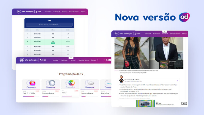 Prints com as novidades do Portal Alta Definição