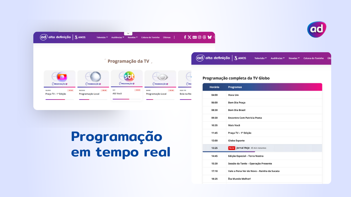 Prints da página inicial do Portal Alta Definição com a programação das emissoras de TV em tempo real