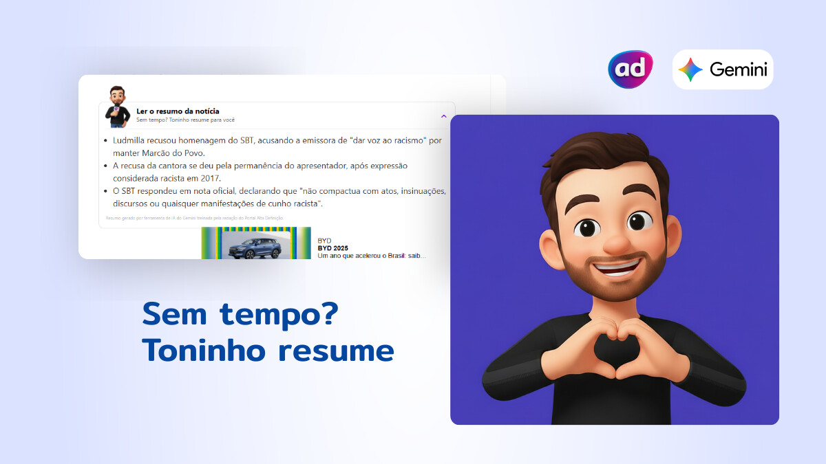 Toninho fazendo sinal de coração em montagem com um bloco do resumo de notícias do Portal Alta Definição