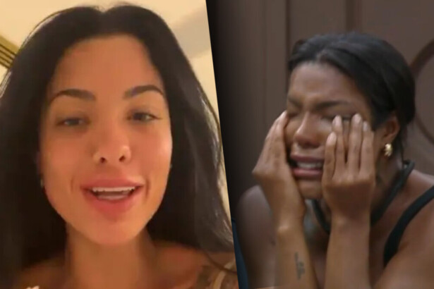 Rayane com roupas de dormir e sorridente, divide tela com Carol Lekker chorando, sentada no sofá antes de ser expulsa