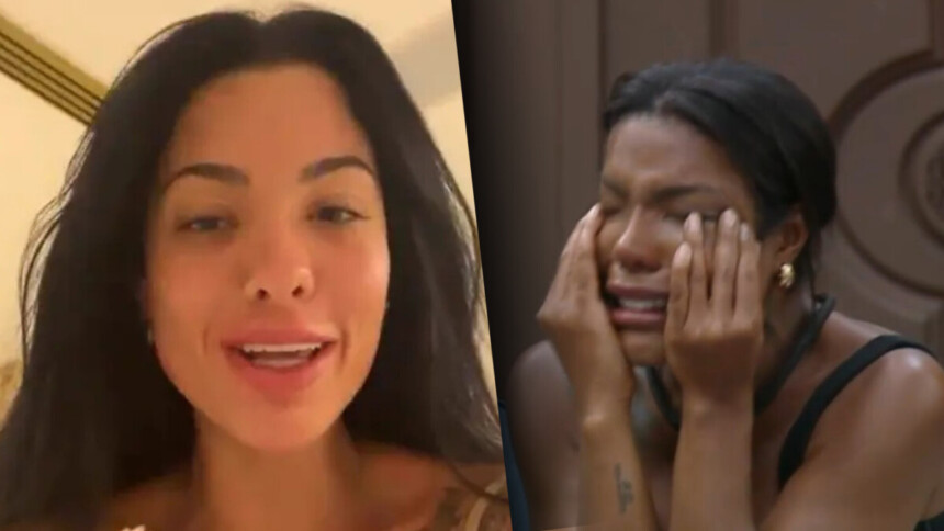 Rayane com roupas de dormir e sorridente, divide tela com Carol Lekker chorando, sentada no sofá antes de ser expulsa