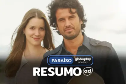 MARIA RITA (Nathalia Dill) e ZECA (Eriberto Leão) lado a lado e sorridentes na arte do resumo de Paraíso