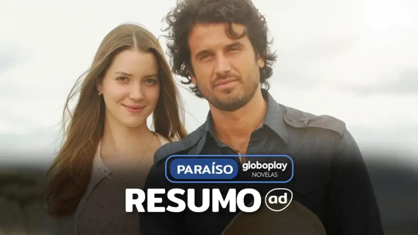 MARIA RITA (Nathalia Dill) e ZECA (Eriberto Leão) lado a lado e sorridentes na arte do resumo de Paraíso