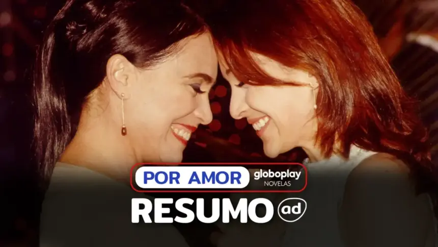Helena (Regina Duarte) e a filha Maria Eduarda (Gabriela Duarte) frente a frente e sorridentes em cena da novela Por Amor