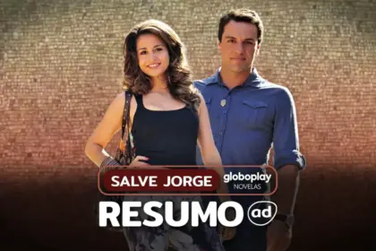 Protagonistas de Salve Jorge: Theo (Rodrigo Lombardi) e Morena (Nanda Costa) lado a lado e sorridentes na arte do resumo diário