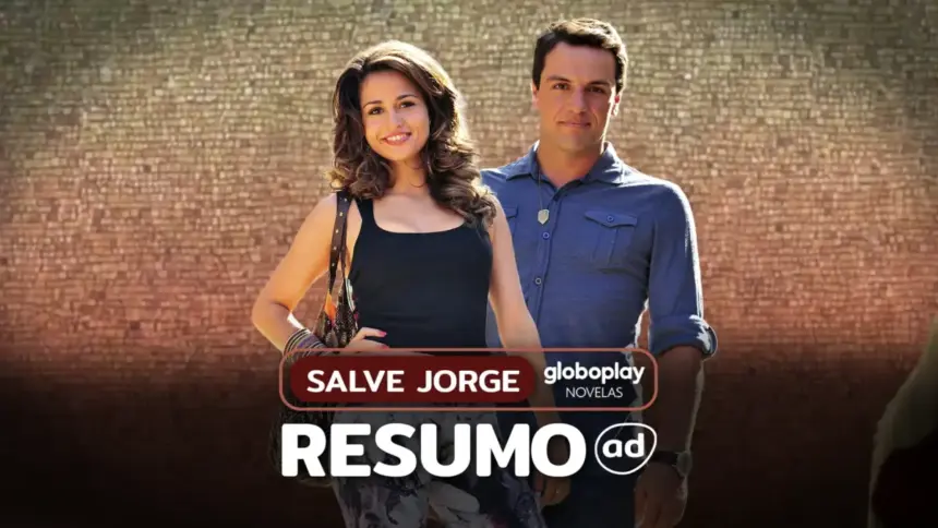 Protagonistas de Salve Jorge: Theo (Rodrigo Lombardi) e Morena (Nanda Costa) lado a lado e sorridentes na arte do resumo diário