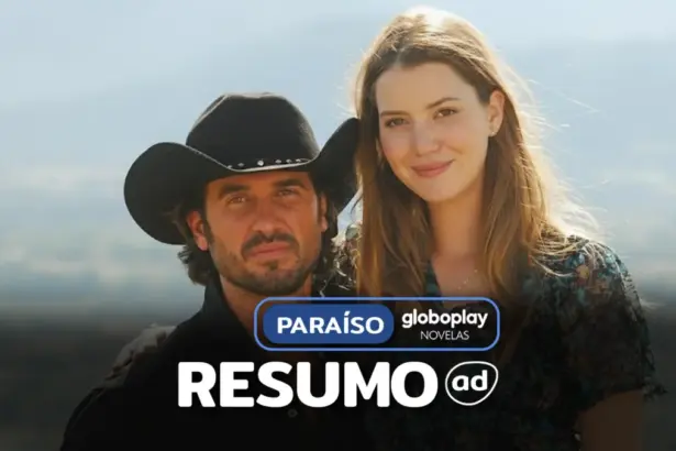MARIA RITA (Nathalia Dill) e ZECA (Eriberto Leão) lado a lado e sorridentes na arte do resumo de Paraíso