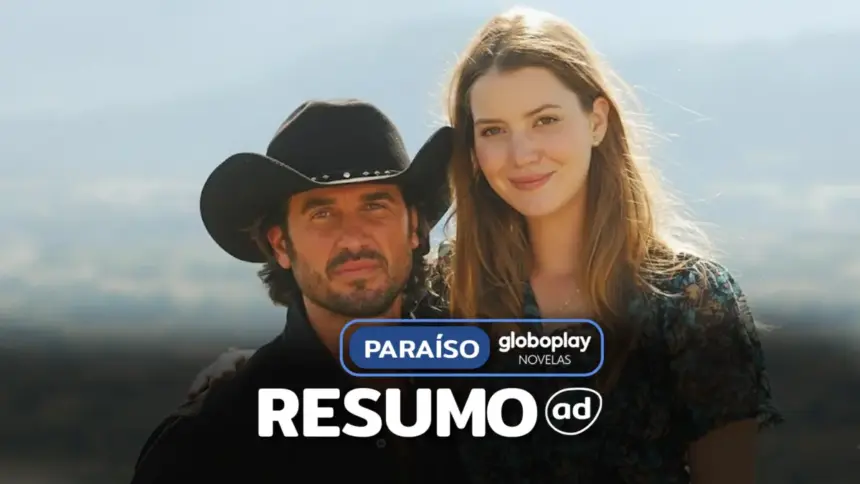 MARIA RITA (Nathalia Dill) e ZECA (Eriberto Leão) lado a lado e sorridentes na arte do resumo de Paraíso