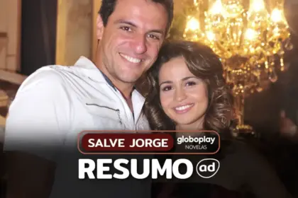 Protagonistas de Salve Jorge: Theo (Rodrigo Lombardi) e Morena (Nanda Costa) abraçados na arte do resumo semanal
